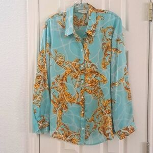Chico’s Woman Collared Light Blue And Gold Blouse Sz Large